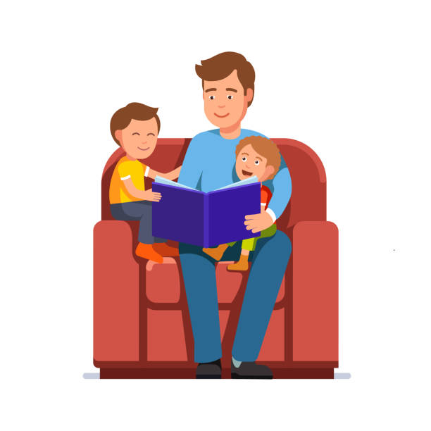 Father read aloud kid book to sons sitting in big armchair together. Flat vector clipart illustration. Father read book to kids brothers sitting in big armchair together. Little sons enjoying a book story with father. Parenting and children education. Flat style character isolated vector illustration on white background. father and child stock illustrations