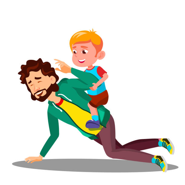 stockillustraties, clipart, cartoons en iconen met vader rollen op zijn rug een kleine zoon vector. geïsoleerde illustratie - piggyback funny