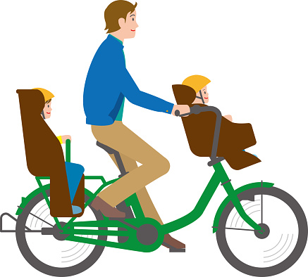 A father running two children on an electric assisted bicycle