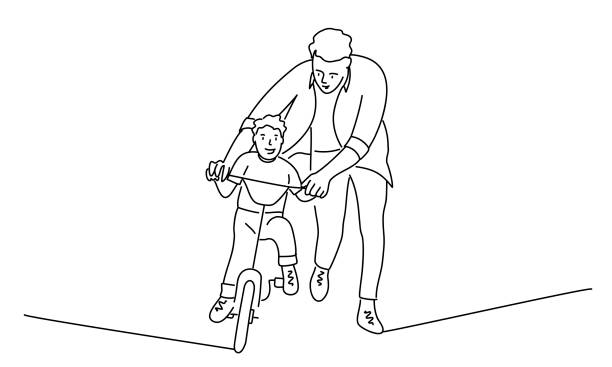 Father teaches son to ride a bike. Father teaches son to ride a bike. Line drawing vector illustration. people drawings stock illustrations