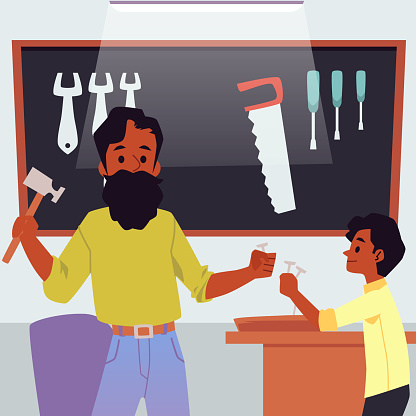 Father teaching his son to do woodwork and carpentry, flat vector illustration.