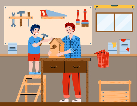 Father teaching son making birdhouse in carpentry workshop a vector illustration
