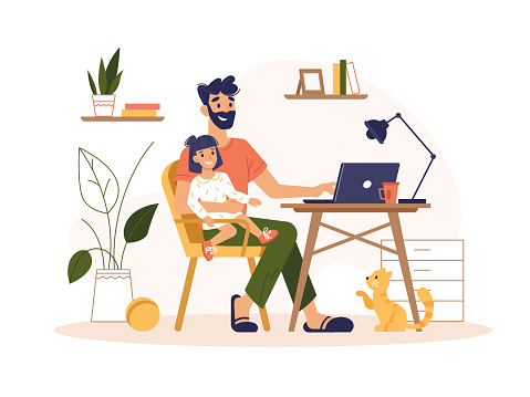 Father work home with laptop, freelance online office, remote internet work, vector flat illustration. Man at home online work sitting with computer and child on knees, freelancer or social isolation