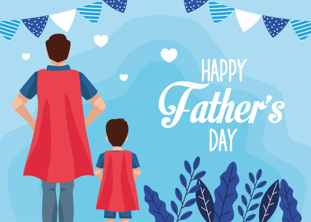 ilustrações, clipart, desenhos animados e ícones de cartão dia dos pais com personagens super pai e filho - dia dos pais