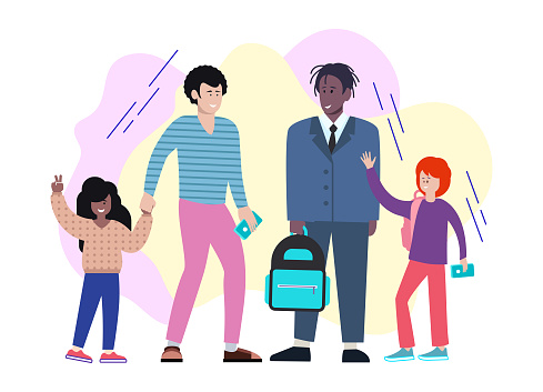 Father's Day Flat Illustration. Happy dads with son and daughter.