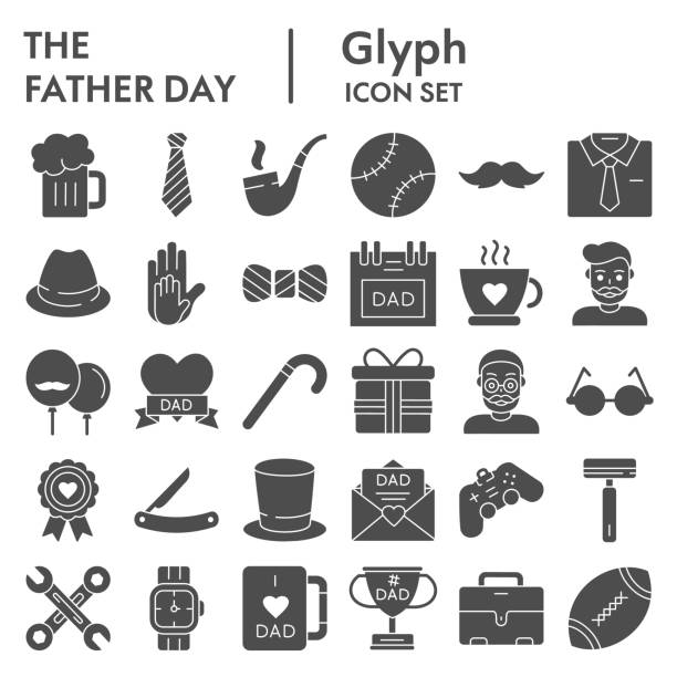 Fathers day glyph icon set, mens accessories and gifts symbols collection, vector sketches, logo illustrations, male stuff signs solid pictograms package isolated on white background, eps 10. Fathers day glyph icon set, mens accessories and gifts symbols collection, vector sketches, logo illustrations, male stuff signs solid pictograms package isolated on white background, eps 10 fathers day stock illustrations