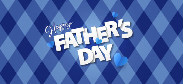 Fathers Day greeting card, banner, poster or flyer design Fathers Day greeting card, banner, poster or flyer design with origami hearts and text Happy Father's Day in paper cut style on blue background with argyle pattern. father's day stock illustrations