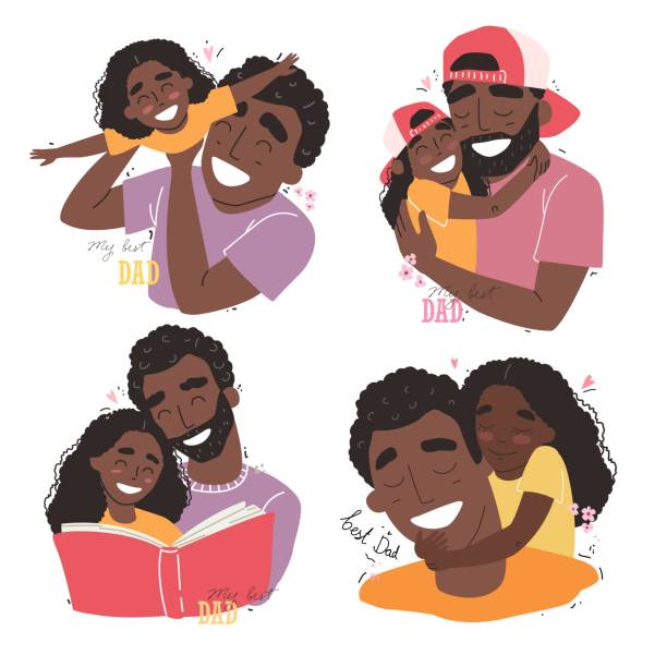 ilustraciones, imágenes clip art, dibujos animados e iconos de stock de día de los padres, familia feliz, hija afroamericana negra abraza a papá y sonriendo - father and child