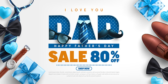 Father's Day Sale poster or banner template with necktie,glasses and gift box on blue.Greetings and presents for Father's Day in flat lay styling.Promotion and shopping template for love dad concept