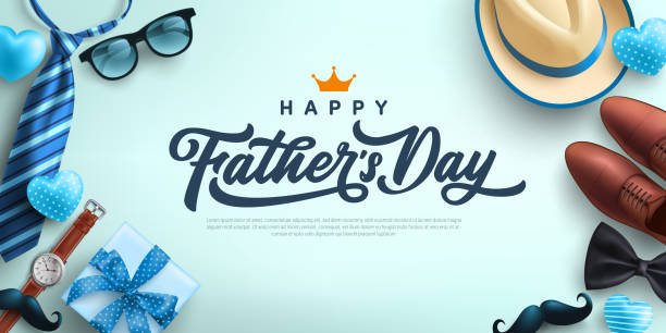 아버지의 날 세일 포스터 또는 넥타이, 안경, 모자, 선물 상자가 있는 배너 템플릿. 플랫 레이 스타일링으로 아버지의 날을 맞이하는 인사와 선물. 사랑 아빠 컨셉을 위한 프로모션 및 쇼핑 템플� - fathers day stock illustrations