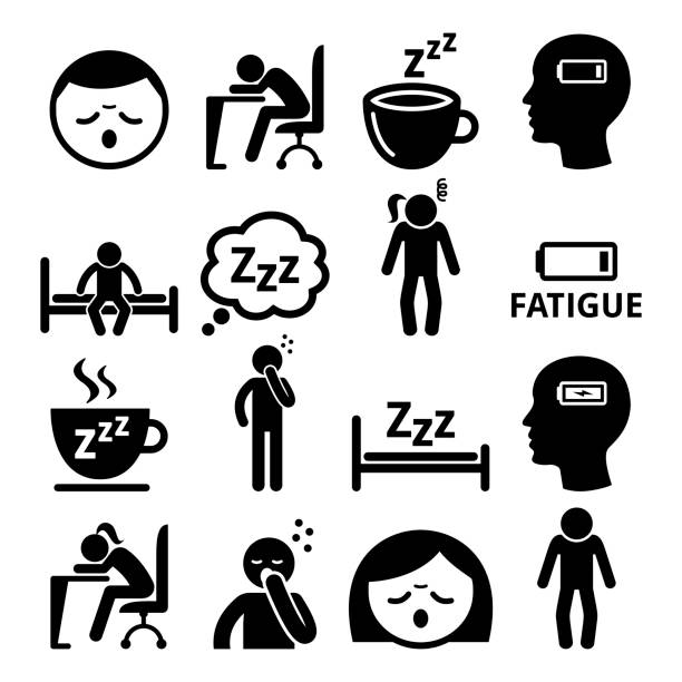 Fatigue icons, tired, sleepy man and woman vector design Run-down, sick people icons set isolated on white sleeping symbols stock illustrations