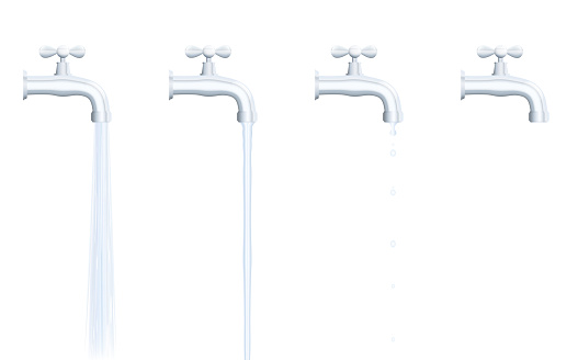 Faucet set - strong and normal water jet, dripping and turned off tab. Isolated vector illustration on white background.