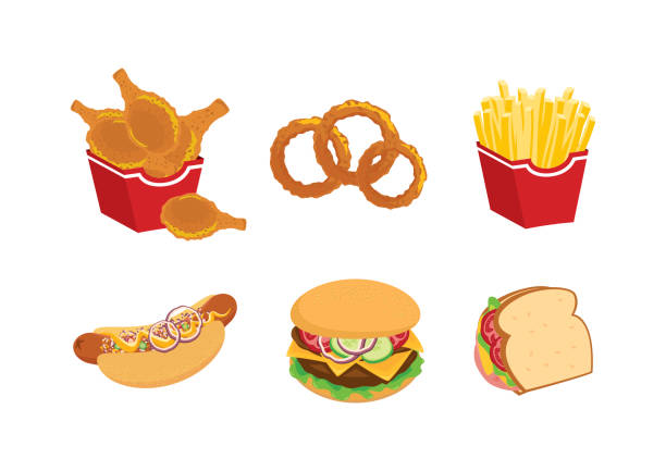 Favorite fast food meal icon set vector Crispy fried chicken drumsticks, onion rings, french fries, hot dog, hamburger, sandwich icon vector. Fast food icon set isolated on a white background potato clipart stock illustrations