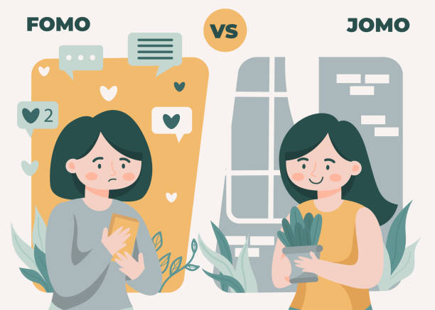 Fear of Missing Out (FOMO) and Joy of Missing Out (JOMO) FOMO, or the fear of missing out, is a phenomenon that many people experience on a daily basis, it's recently been discovered that JOMO, or the joy of missing out, is becoming far more commonplace. fomo stock illustrations