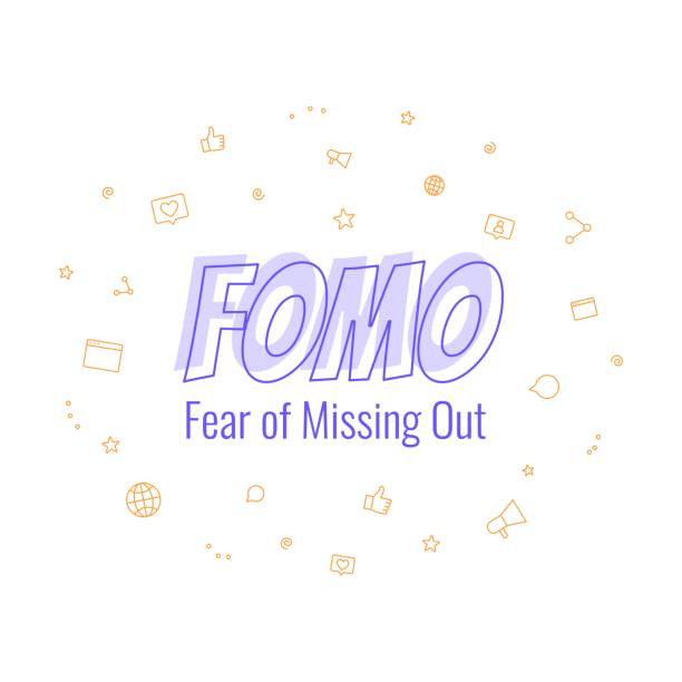 FOMO - Fear of Missing Out text banner Mental health and modern psycological issues and insecurities FOMO - Fear of Missing Out text banner. FOMO wording surrounded by social media icons. Mental health and modern psycological issues and insecurities. fomo stock illustrations