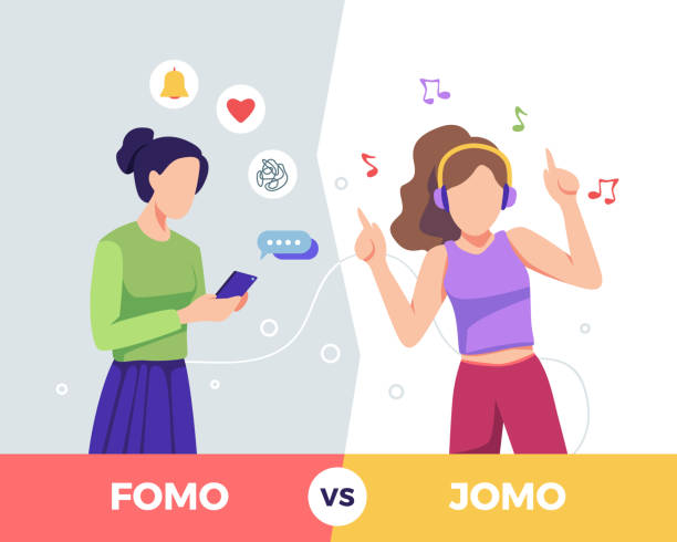 Fear of missing out vs Joy of missing out Fear of missing out vs Joy of missing out. Differences between Fomo and Jomo life. Young woman who is afraid to miss something and Young girl who joy of missing out. Vector illustration in flat style fomo stock illustrations