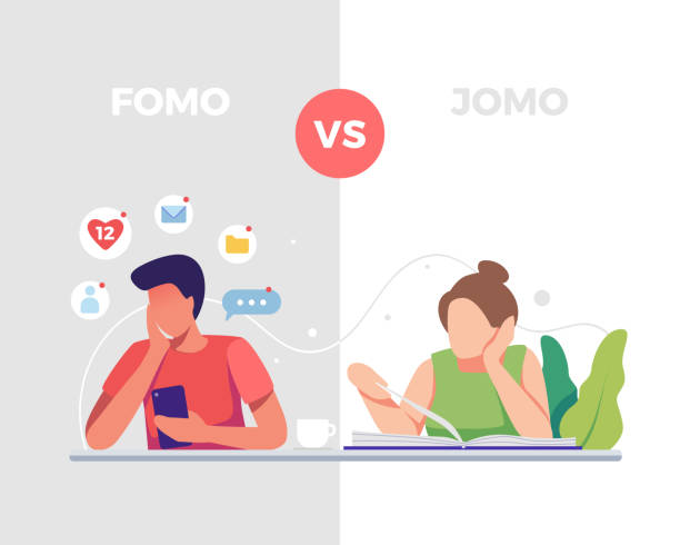 Fear of missing out vs Joy of missing out Fear of missing out vs Joy of missing out. Differences between Fomo and Jomo life. Young man who is afraid to miss something and Young girl who joy of missing out. Vector illustration in a flat style fomo stock illustrations