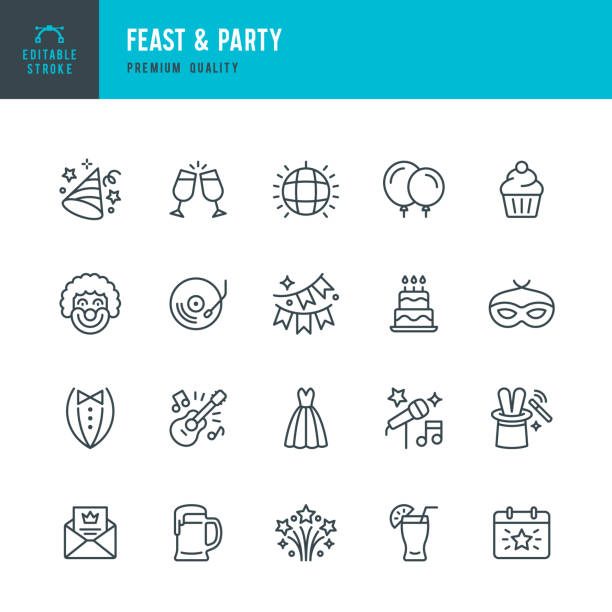 Feast & Party - set of line vector icons Set of 20 Feast & Party line vector icons. Gift, Cupcake, Live Music, Guitar, Invitation, Fireworks, Clown, Festival, Dance Floor, Masquerade and so on party social event stock illustrations
