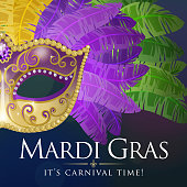 An invitation to the masquerade party for the Mardi Gras with feather party mask on on the blue and purple colored background