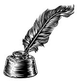 Feather quill ink writing pen in inkwell in a woodcut vintage retro or woodblock line art drawing style
