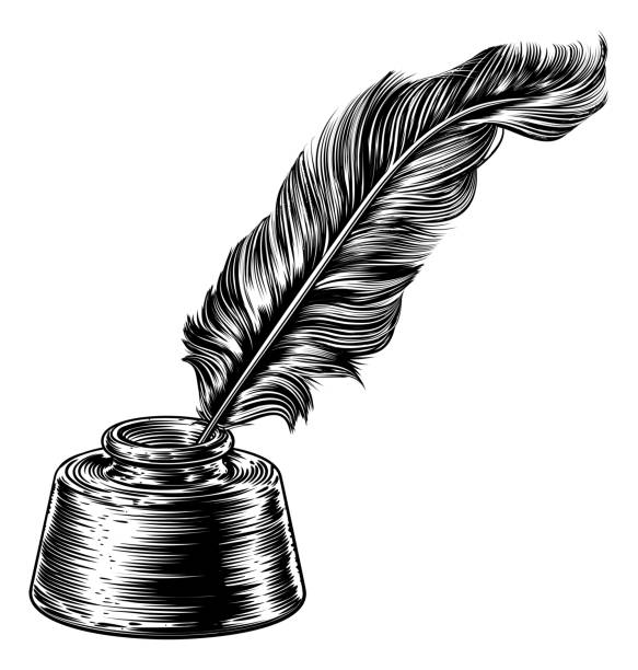 Feather Quill Ink Pen in Inkwell Feather quill ink writing pen in inkwell in a woodcut vintage retro or woodblock line art drawing style writing activity clipart stock illustrations