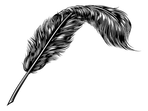 A vintage feather quill pen in retro woodcut line art style