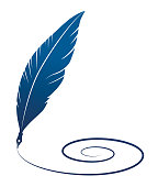 Vector Illustration of a beautiful Feather Quill Silhouette Writing a Spiral Line Clip Art Symbol.
