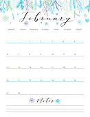 Elegant floral bright print ready calendar. February month blue calendar or planner with space for notes.