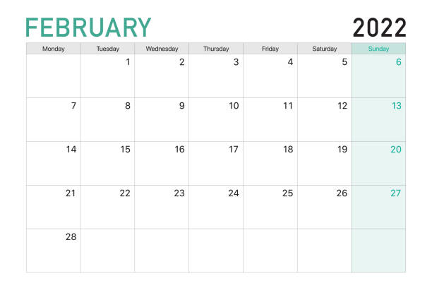 2022 February illustration vector desk calendar weeks start on Monday in light green and white theme向量藝術插圖