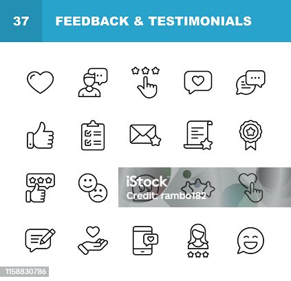 istock Feedback and Testimonials Line Icons. Editable Stroke. Pixel Perfect. For Mobile and Web. Contains such icons as Feedback, Testimonials, Survey, Review, Clipboard, Happy Face, Like Button, Thumbs Up, Badge. 1158830786