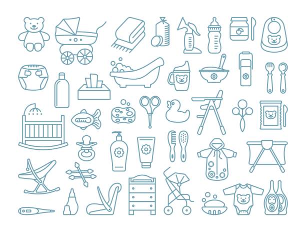 Feeding, bathing and baby care. Set of linear icons. Clothing, furniture, equipment and accessories Feeding, bathing and baby care. Set of linear icons. Clothing, furniture, equipment and accessories baby formula stock illustrations