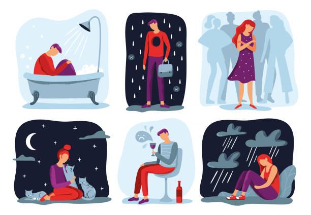 Feel loneliness. Feeling lonely, sad depressive person and social isolation vector illustration set Feel loneliness. Feeling lonely, sad depressive person and social isolation. Depressed, sadness and sorrow crying girl, loneliness cat woman or melancholy young boy. Vector illustration icons set depression sadness stock illustrations