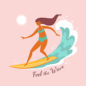 Vector illustration of a pretty young woman surfing the wave in trendy flat style. Isolated on light pink background.
