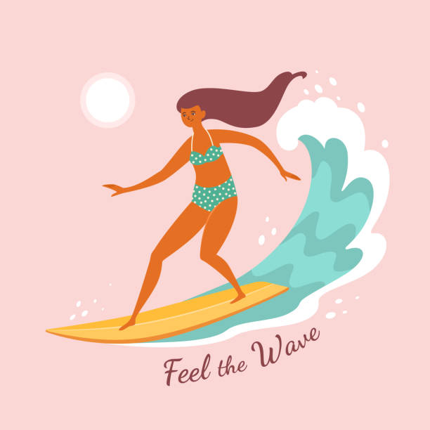 Feel the wave. Vector illustration of a pretty young woman surfing the wave in trendy flat style. Isolated on light pink background. cartoon of fat lady in swimsuit stock illustrations