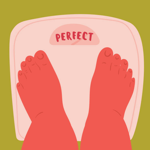 Feet on scales with perfect number on the scale Feet on scales, weighing. Perfect number on scale. Self acceptance of your weight and fat acceptance movement. Woman, plus size body positive legs. Vector flat cartoon illustration positive body image stock illustrations