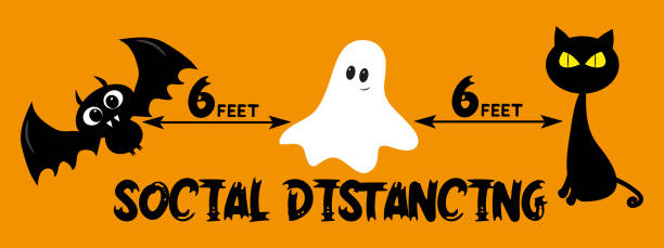 6 Feet Social distancing - COVID-19 information vector graphic, for Halloween. 6 Feet Social distancing - COVID-19 information vector graphic, for Halloween. Black bat, ghost and cute cat illustration. trick or treat stock illustrations
