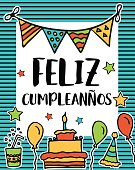 Feliz cumpleanos, happy birthday greeting written in spanish language, colorful festive sketch for card, flyer, poster, sign, banner, postcard, invitation, cartoon vector illustration