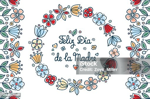 istock Feliz dia de la Madre Mother's day card Round flower frame Mom's. Happy Mother's day. Femine. Greeting cards for Mother's Day on Spanish languages.  Greeting card template. Spain. 1388617038
