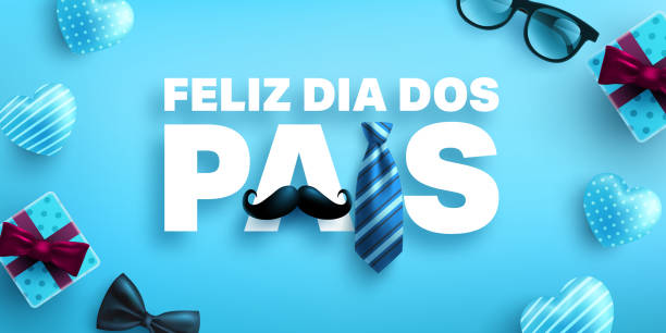 펠리즈 디아 도스 파이스. 파란색 배경에 넥타이와 선물 상자와 포르투갈어로 해피 아버지의 날. 아버지의 날을 위한 인사와 선물.벡터 일러스트 eps 10. - dia dos pais stock illustrations