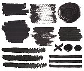 Vector set of isolated on white felt tip pen spots, stroke and marks, black paint and ink decorative elements