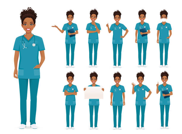 stockillustraties, clipart, cartoons en iconen met vrouwelijke afrikaanse verpleegsterkarakter reeks - arts vrouw mondkapje