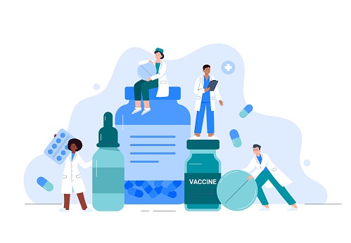 Pharmacy and drugstore concept. Female and male doctors presenting drugs, antibiotic pills, vitamins, and bottles. Vector flat illustration.