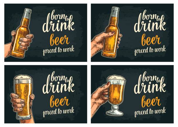 ilustraciones, imágenes clip art, dibujos animados e iconos de stock de manos femeninas y masculinas sosteniendo botellas de cerveza y vidrio. - mano agarrando botella de cerveza y taza