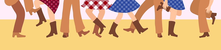 Female and male legs in cowboy boots are knitted on a flat floor in a flat style. Vector illustration for a horizontal banner with tatsors in the American style. Western dance of people in traditional clothes.
