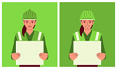 Characters Design Vector Art Illustration.
A female architect wears a work helmet and holds a blank sign with two different emotions.
