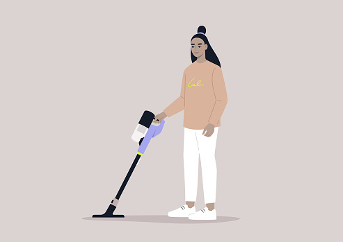 A female Asian character cleaning with a cordless vacuum cleaner, household chores