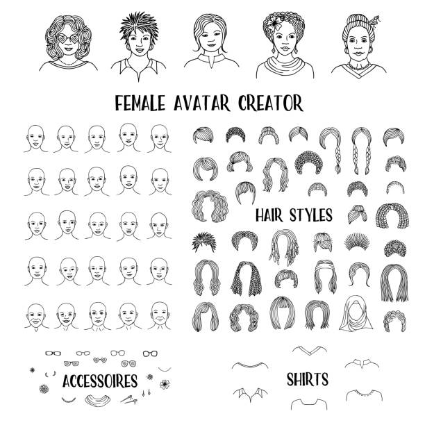 Female avatar creator Hand drawn faces and hairstyles to create your own personal profile picture avatar drawings stock illustrations