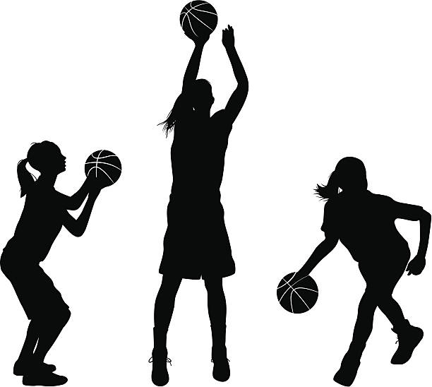 Female Basketball Players Vector illustration of girls playing basketball. These silhouettes are an ai 8 eps file. girls stock illustrations
