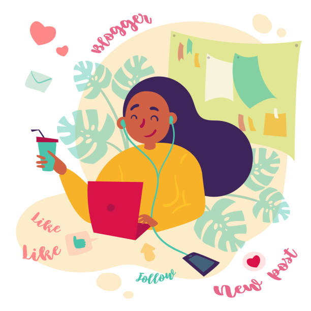 ilustrações de stock, clip art, desenhos animados e ícones de female blogger, freelance writer works with laptop - jovem a escrever