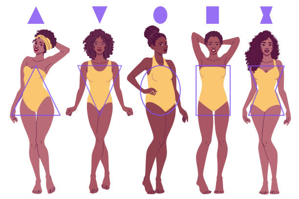 Female Body Shape Types - Pear, Inverted Triangle, Apple, Rectangle, Hourglass. Black African American women, full length portrait. Vector fashion illustration isolated on white background. cartoon of fat lady in swimsuit stock illustrations